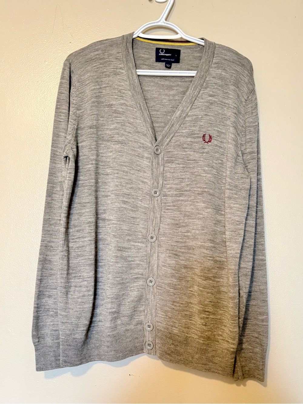 Fred Perry Light Gray Men's V-Neck Button Cardigan with Red Logo
